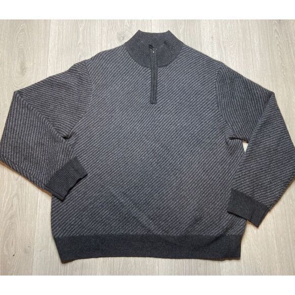Grayson & Dunn Sweater Men Xl Gray Stripe 100% Cashmere 1/4 Zip Pullover Soft